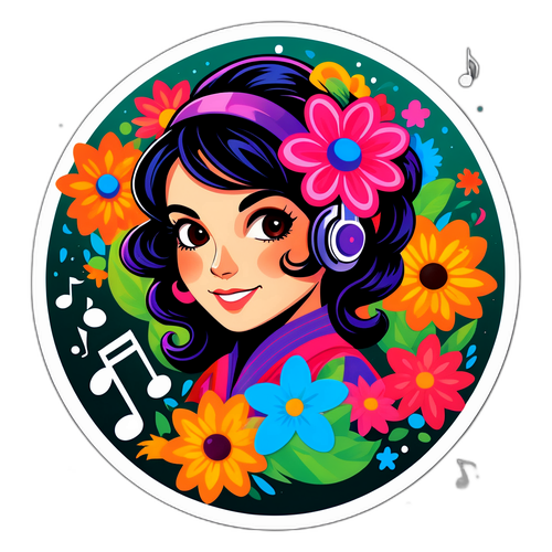 Vibrante sticker van Maite Kelly met bloemen en muzieksymbolen