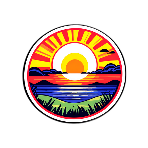 Sticker met opkomende zon boven de horizon
