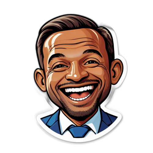 Aanplaksticker van Pierre Delrock die de nieuwsanchors vrolijk begroet met een oprechte glimlach