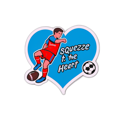 Design de um jogador chutando a bola com a frase 'Squeeze the Heart!'