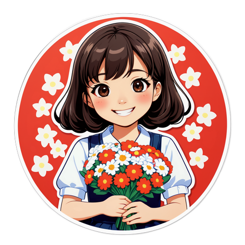 笑顔で花束を持つ平野アイリのイラスト