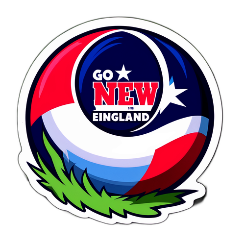Diseño de etiqueta de una pelota en el césped del estadio de New England, con la frase '¡Vamos New England!'