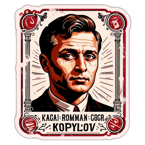 Un portrait vintage de Roman Kopylov avec typographie rétro et éléments grunge