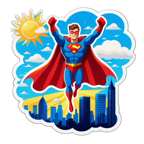 מדבקה פרסונלית של פיטר פאלציק בגדי עלי גיבור, עף מעל נוף עירוני