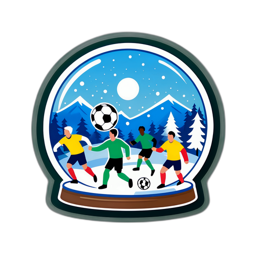 En livlig design av en snöglob med en ikonisk fotbollsmatch
