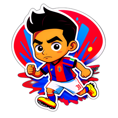 Un sticker de Giovanni Simeone en estilo caricatura, driblando defensores