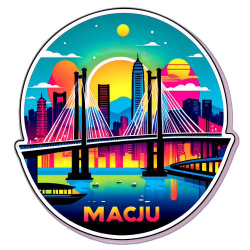 Det ikoniska Macau Bridge i en färgglad panorama av nattliv