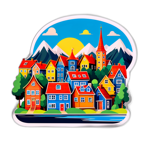 En cartoonstil av Torshälla med typiska hus och panoramavy av staden
