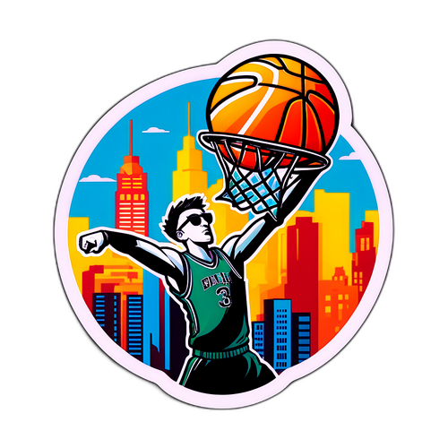 Basketbalový míč skákající přes stylizované město se slunečními brýlemi