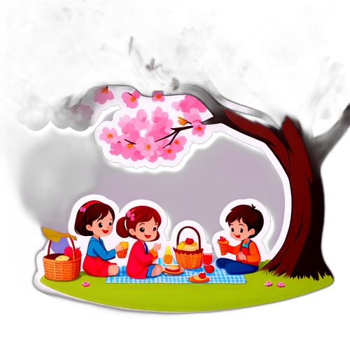 桜の木の下でピクニックを楽しむキャラクターたち