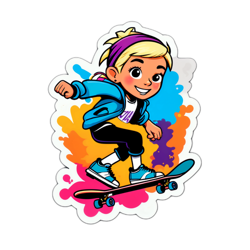 Sticker van Ellen Callebout op een skateboard, omringd door graffiti
