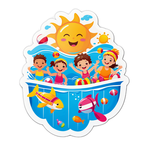 Fröhlicher Aufkleber eines Schwimmbeckens mit Spielzeug und Schwimmern