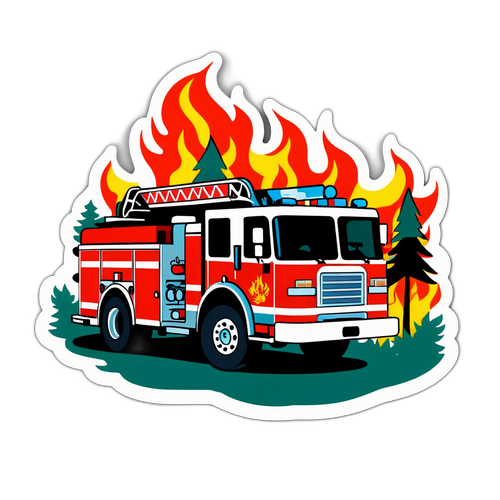 Sticker van een brandweerauto met vlammen en bomen, met de tekst 'Out of the Fire'