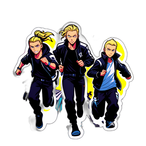 東京リベンジャーズのキャラクターがバイカー風の衣装で街を駆け抜けるデザイン