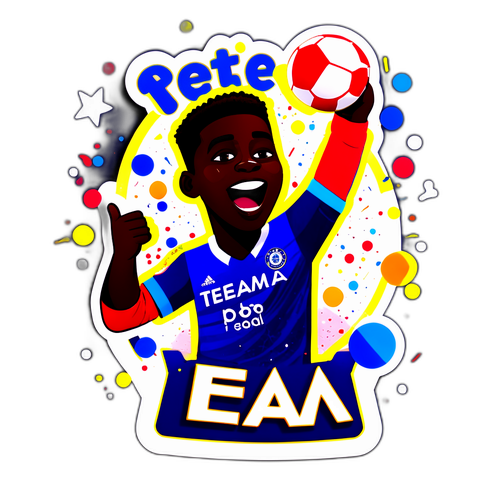 Sticker cu Zouma sărbătorind un gol, cu efecte de confetti și textul 'Team Play!'