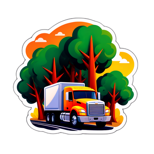 Autocollant amusant de camion sur une route bordée d'arbres