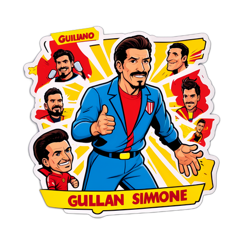Наклейка, рассказывающая историю Джулиано Симоне в виде комикса