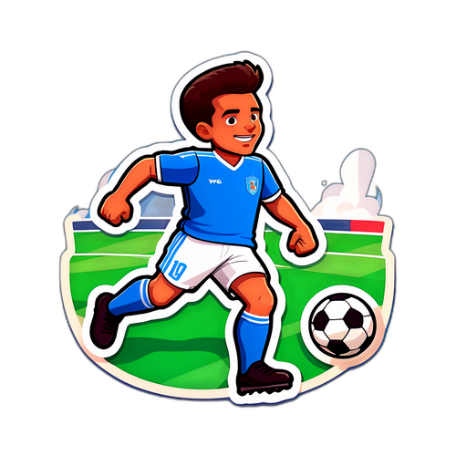 การ์ตูนสติกเกอร์นักฟุตบอลที่มีชื่อเสียงกำลังทำประตูในสนาม