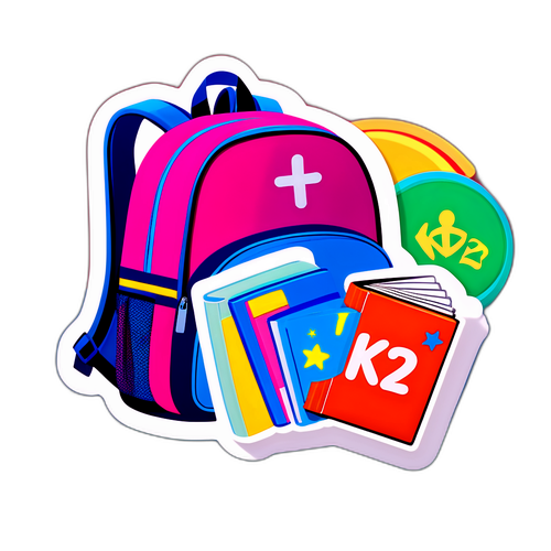 Hình ảnh sách K12 với biểu tượng học tập bên cạnh ba lô màu sắc