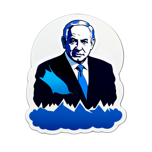 Un autocolant cu o siluetă stilizată a lui Netanyahu, cu spatele, în fața unui orizont plin de provocări