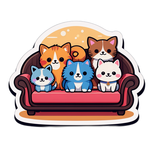 可愛いペットたちがニトリの家具に座っているイラスト