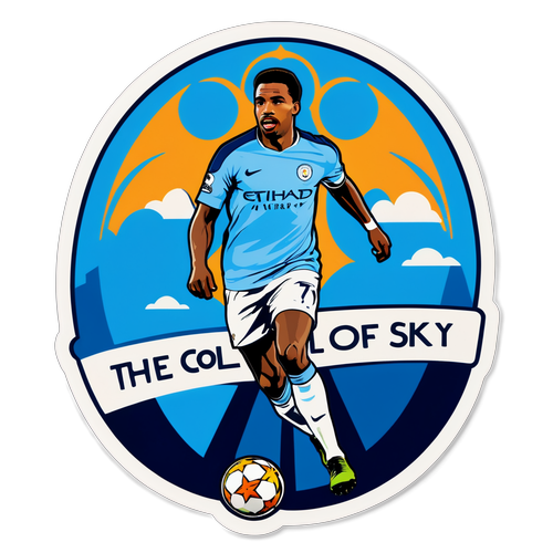 Sticker cu logo-ul Man City și un jucător faimos pe fundal