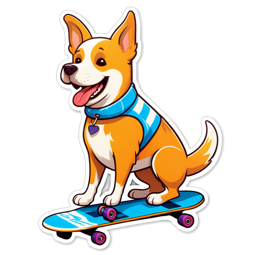 Fröhlicher Hund auf Skateboard am Strand