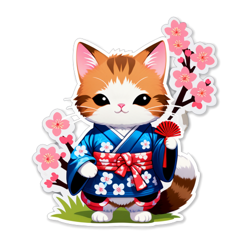 穿著和服的小貓站在盛開的櫻花樹下，手拿一把小紙扇，顯得優雅