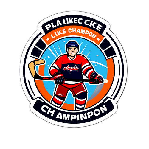 Спортивная наклейка с хоккеистами и веселой надписью "Играй как чемпион!"