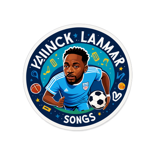 Illustration d'un autocollant avec des motifs de football et des paroles emblématiques des chansons de Kendrick Lamar