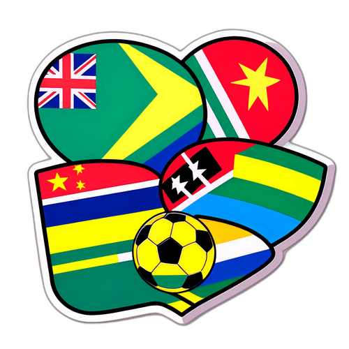 Стикер с футбольным полем и флагами ЮАР и Камеруна на фоне захватывающего матча