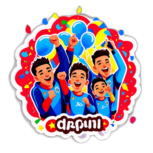 Sticker cu Drăgușin și echipa sa sărbătorind victorii