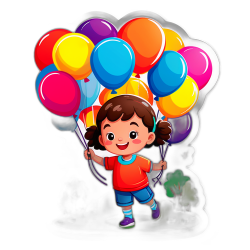 Un diseño de sticker de un niño jugando en un parque con globos