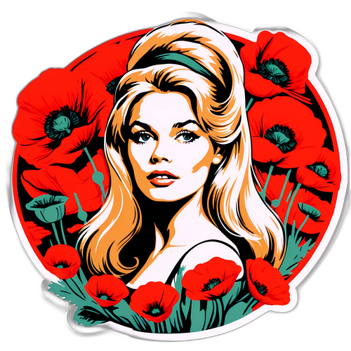 Une autocollant nostalgique de Brigitte Bardot entourée de coquelicots