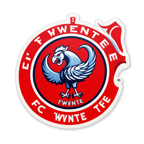 Illustratie van het FC Twente logo met een achtergrond van een vol stadion en zingende fans