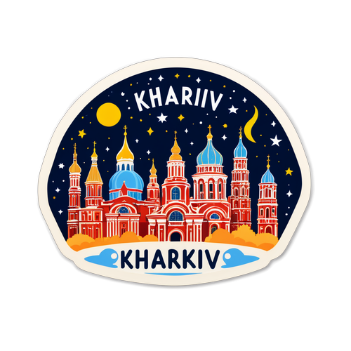 Наклейка з силуетами пам'яток Харкова на фоні зоряного небосхилу та написом 'Харків - місто мрій'