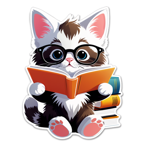 Cute Kitten with Oversized Glasses Reading a Book