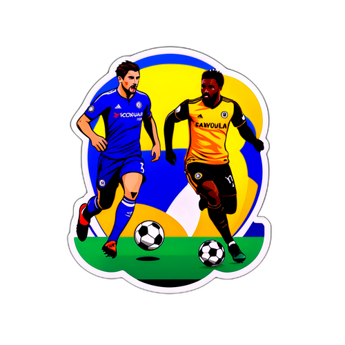 Thiết kế nhãn dán thể thao featuring cầu thủ Chelsea và Wolves trong tình huống kịch tính