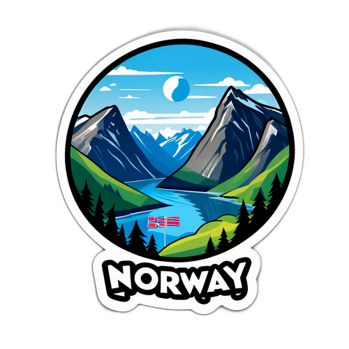 Stika yenye rangi inayoonyesha fjords na milima za Norway na mandhari ya soka