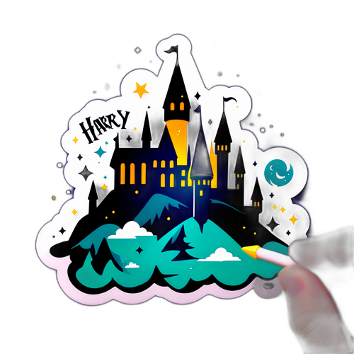 Magische kasteel sticker met toverstok en 'Harry Potter'