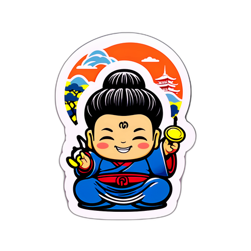 奈良の大仏を背景にした楽しいキャラクターのかわいいステッカー