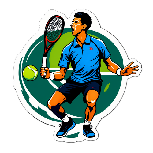 Nálepka zobrazující Djokoviče při silném podání