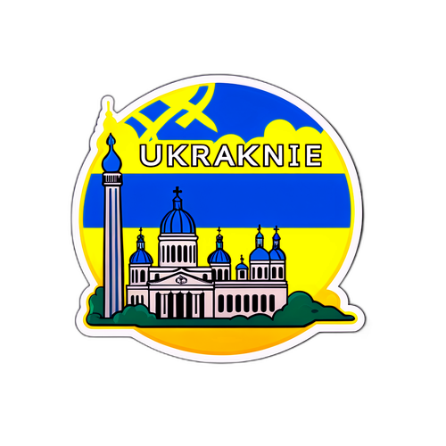 Стикер с обновленными новостями Украины: стилизованный текст и иконографические изображения.
