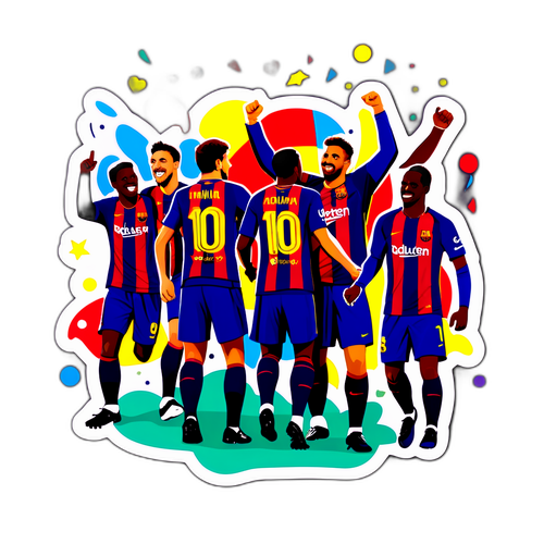 Kreativní nálepka s hráči Barcy slavícími s fanoušky