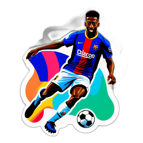 Leikkisä sarjakuvapiirros Dembelestä dribblaamassa puolustajien ohitse