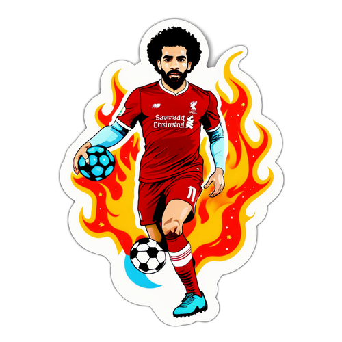 Autocollant de Mohamed Salah dribblant avec un ballon de football, entouré de flammes et d'étoiles