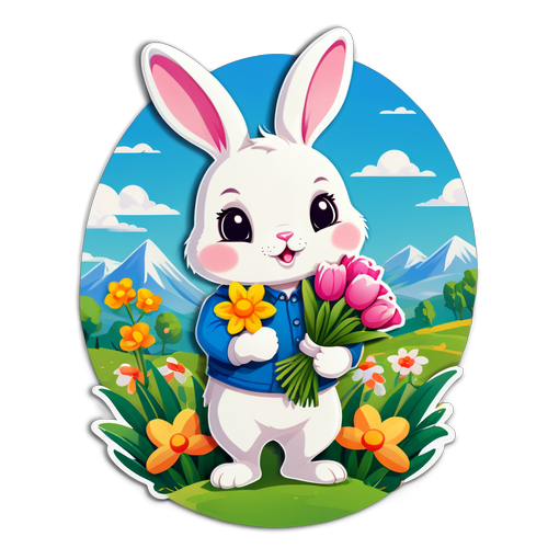 可爱的小兔子抱着一束花
