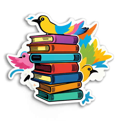 Colorful Book Stack with Whimsical Birds
