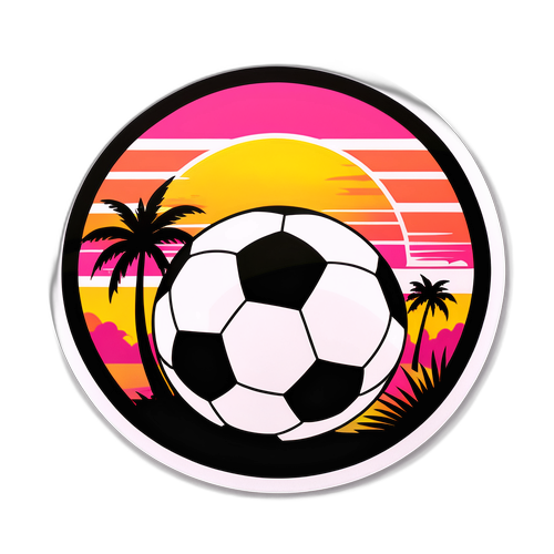 Sticker van een voetbal met het Inter Miami-logo, met een zonsondergang op de achtergrond en palmbomen
