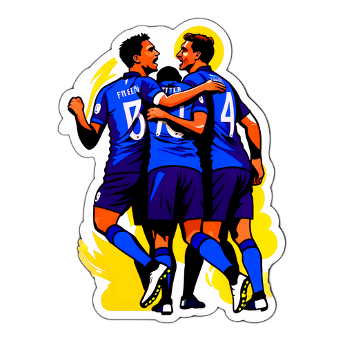 Umělecká nálepka pro zápas Inter – Fiorentina, tři siluety hráčů ve vzduchu v dramatickém okamžiku